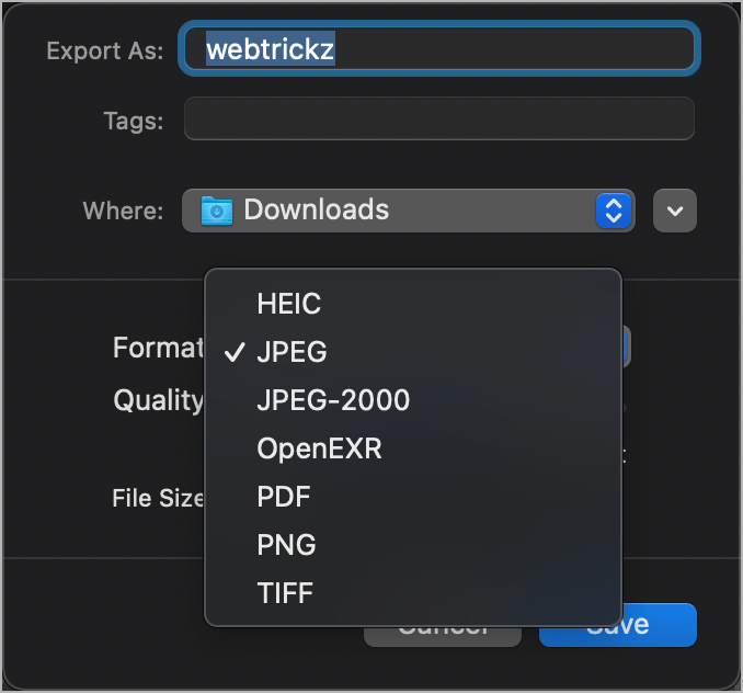 select output image format in preview on mac