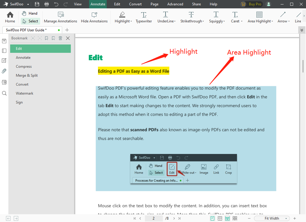 highlight text or area in pdf files