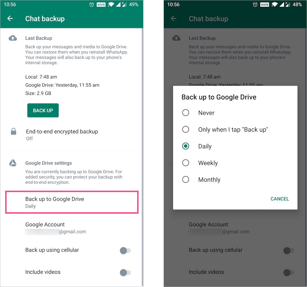 backup whatsapp data to google drive on android
