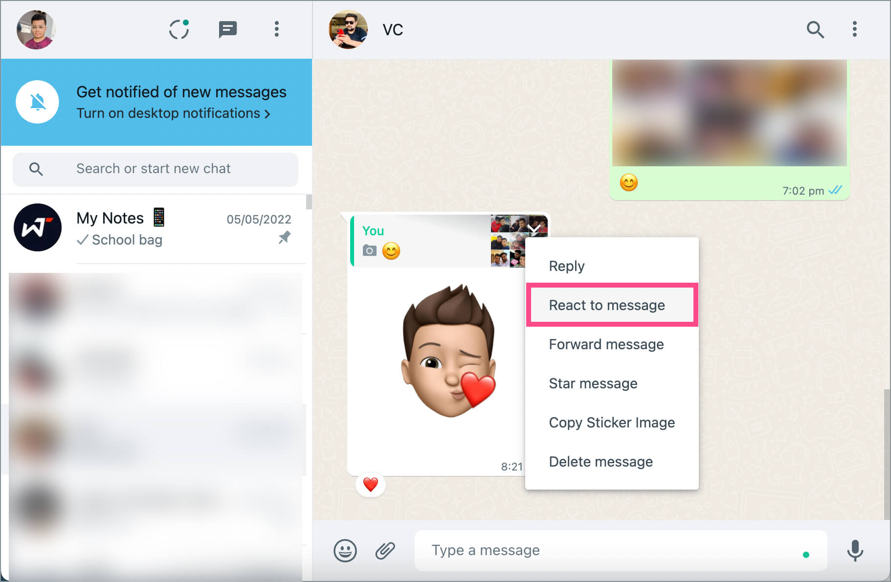how to react to messages on whatsapp web