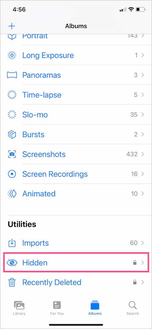 view hidden album in ios 16 on iphone