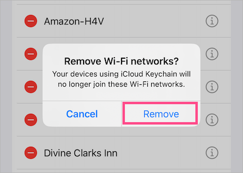 remove saved wifi network when not connected on iphone