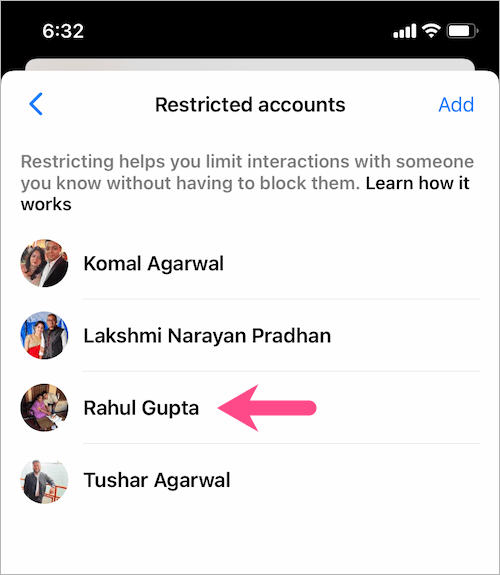 how to see list of restricted people in Messenger app