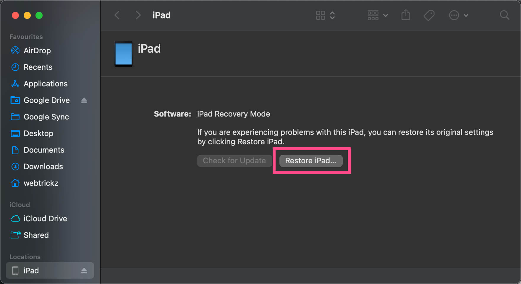 how to restore iPad to original settings using iTunes or Finder