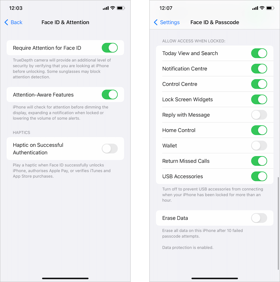 enable face ID attention aware features on ios device