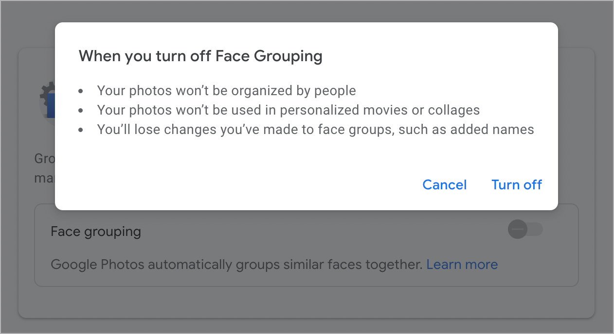 turn off face grouping on google