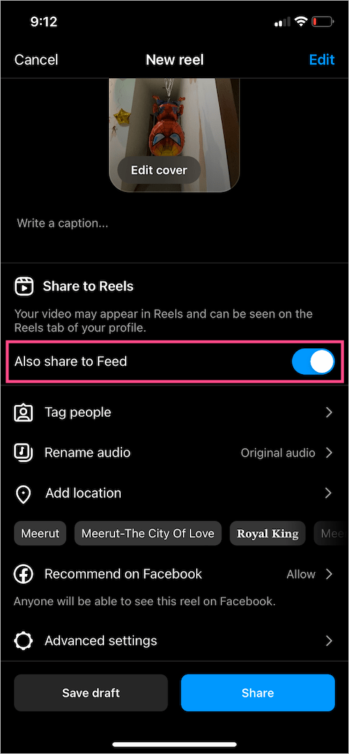 share reel to instagram feed while posting