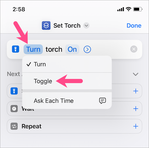 toggle torch shortcut on iPhone