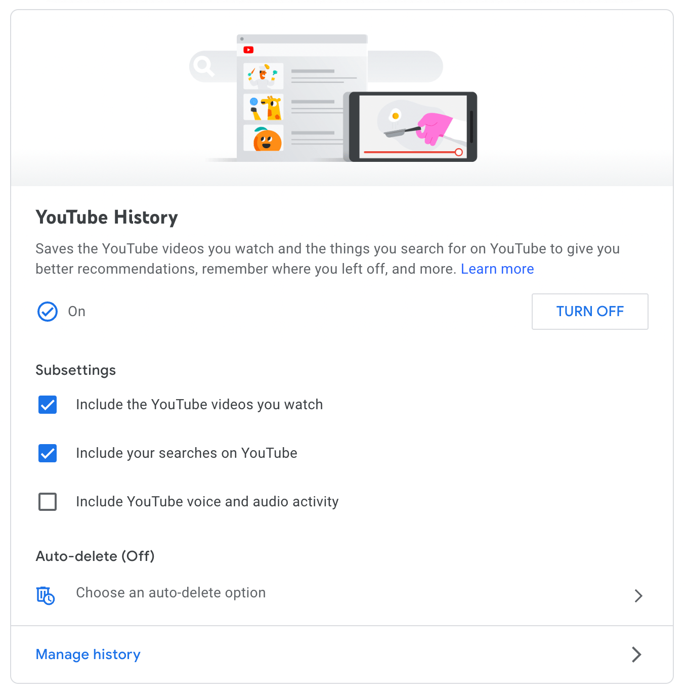 how to turn off youtube search history on google
