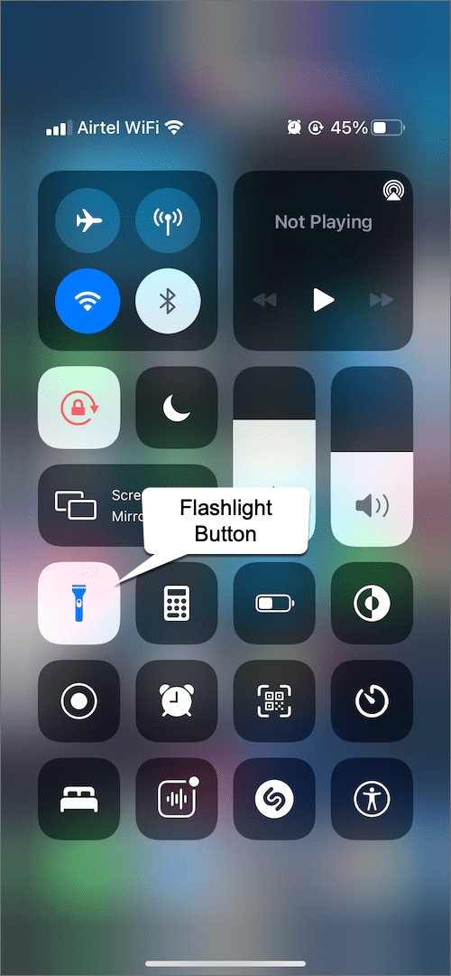 turn on flashlight on iPhone 14 using Control Center