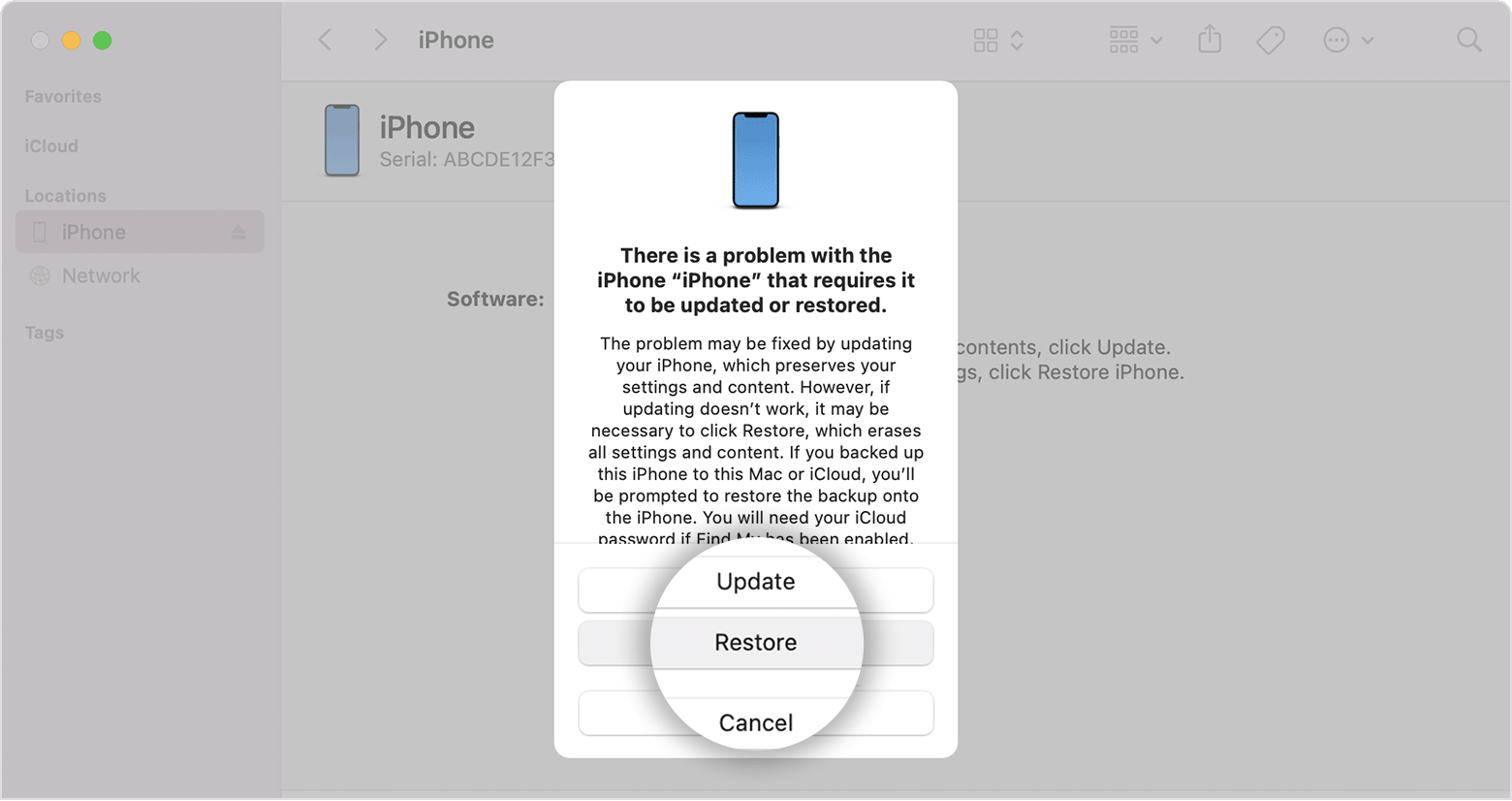 There is a problem with the iPhone that requires it to be updated or restored