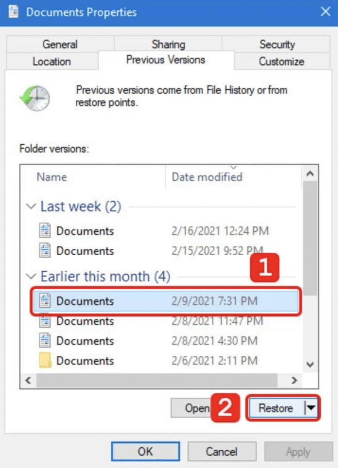 how to restore previous version of a file in windows