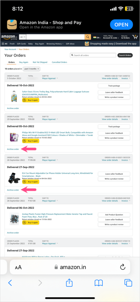 how to archive order history on amazon app