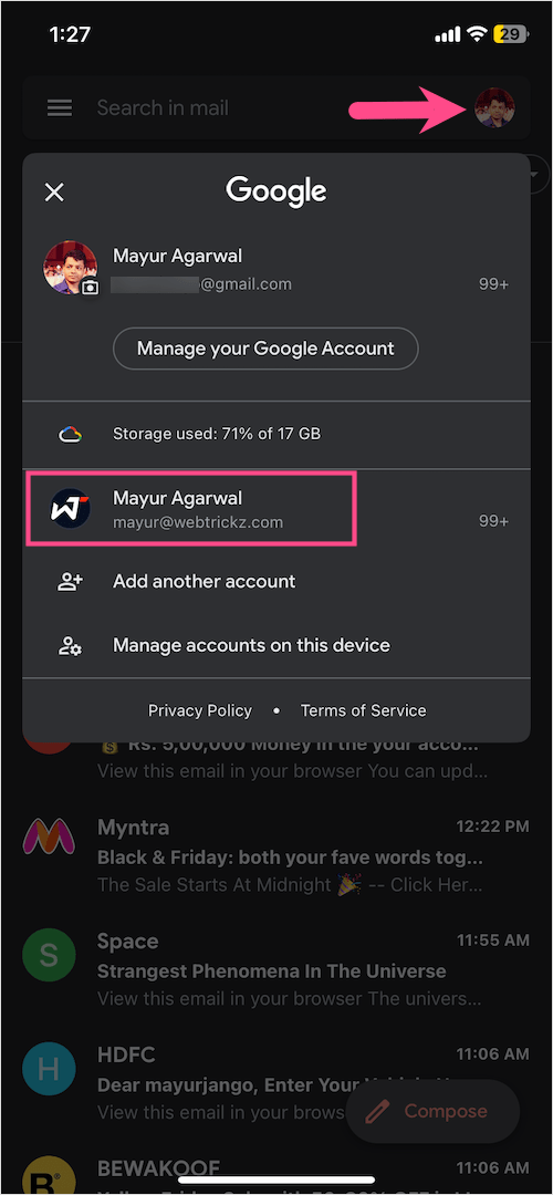 google accounts logged into the gmail app