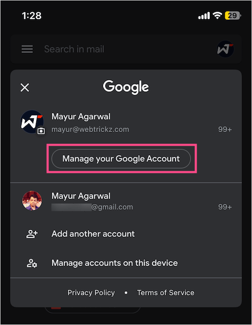 manage google account in gmail app