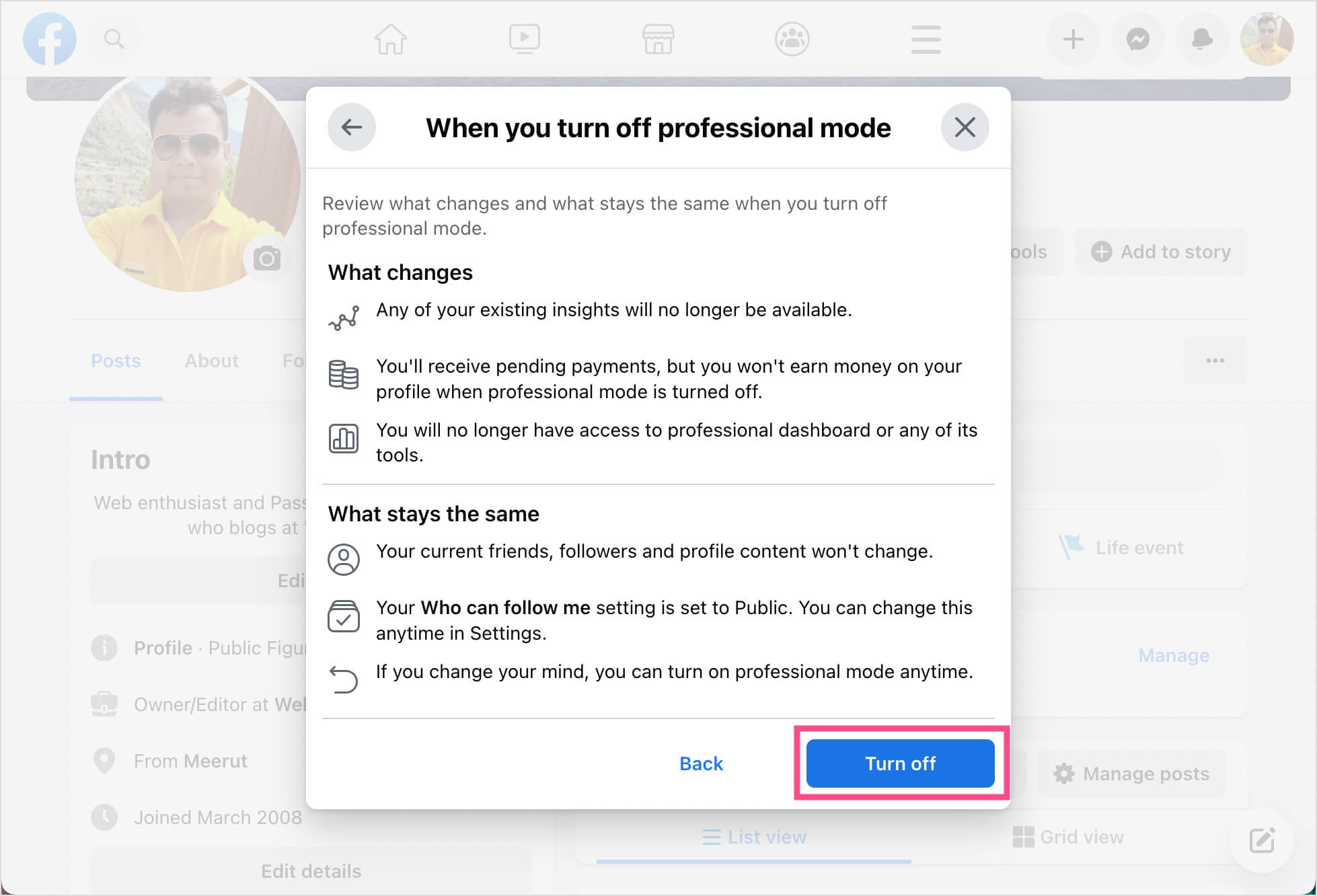 How to turn off Facebook professional mode