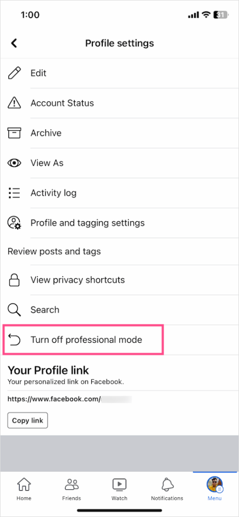 how to turn off professional mode on facebook business page