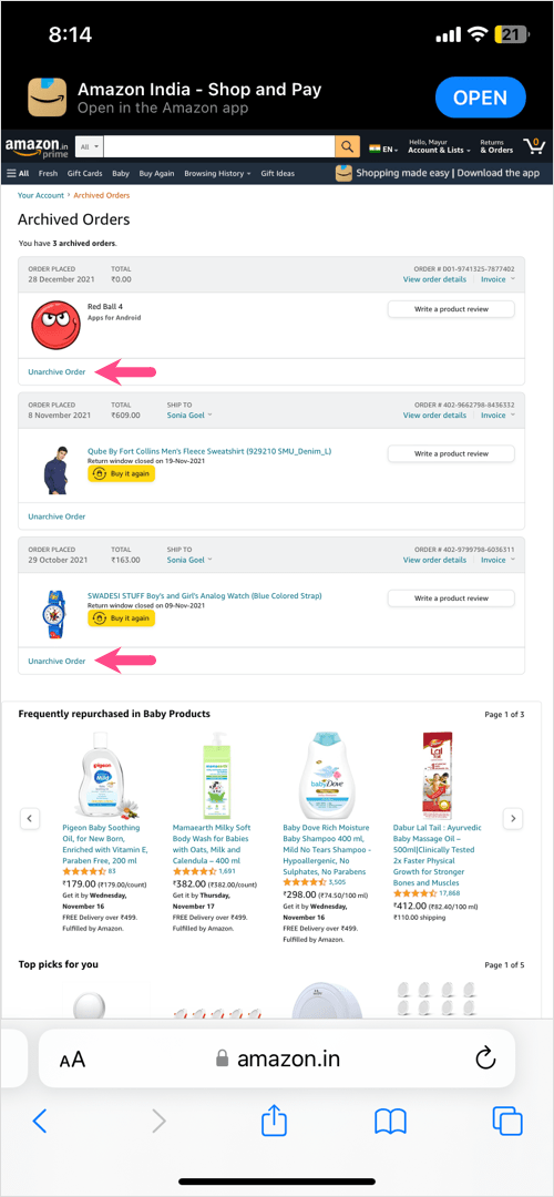 How to unarchive amazon orders on iphone and android