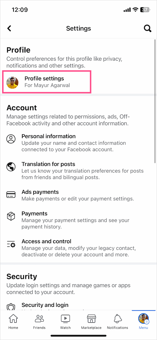 profile settings on facebook app