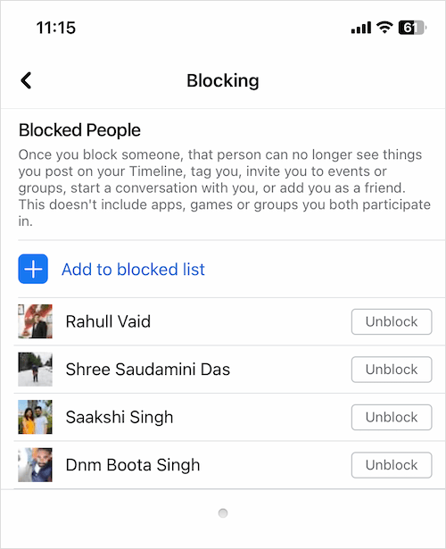 how to see blocked list on facebook iphone
