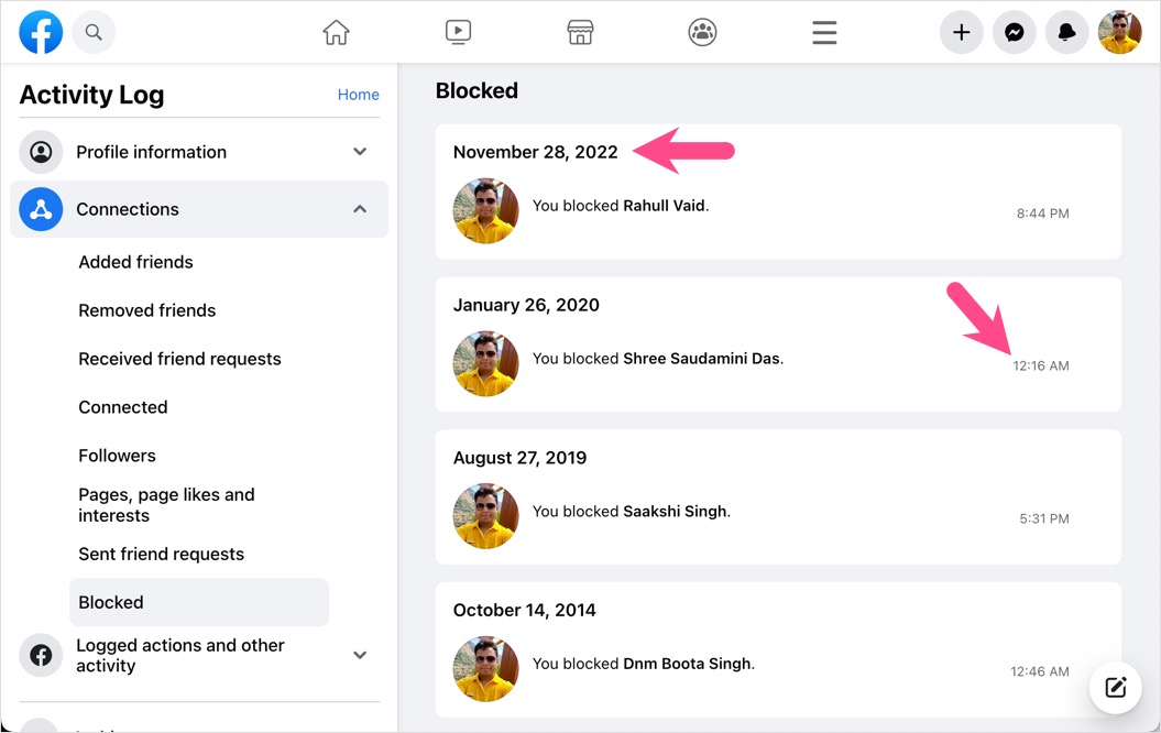 find date and time you blocked someone on facebook