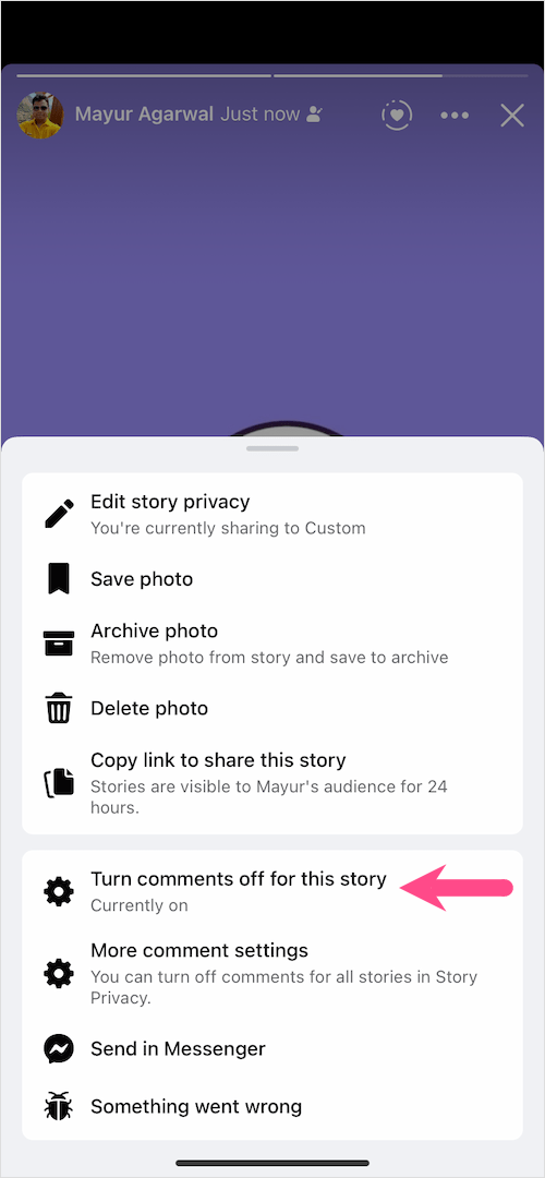 how to turn off comments on a facebook story