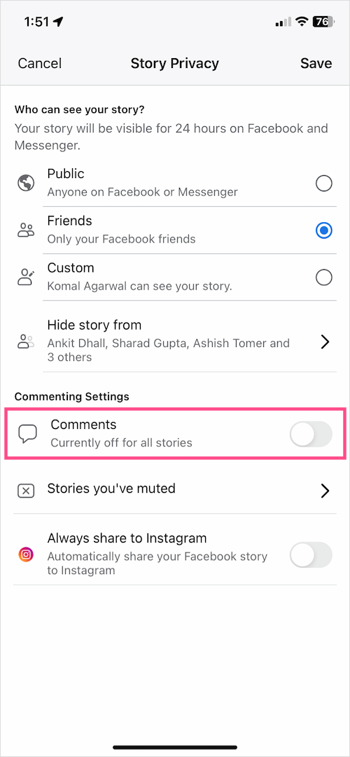 how to turn off comments for all facebook stories