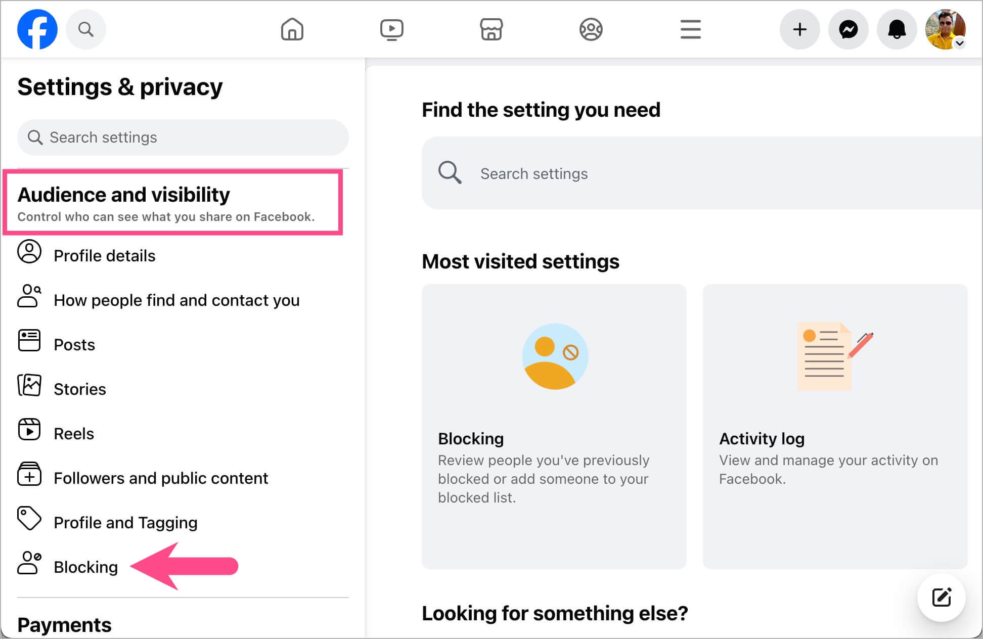 blocking setting on the facebook website