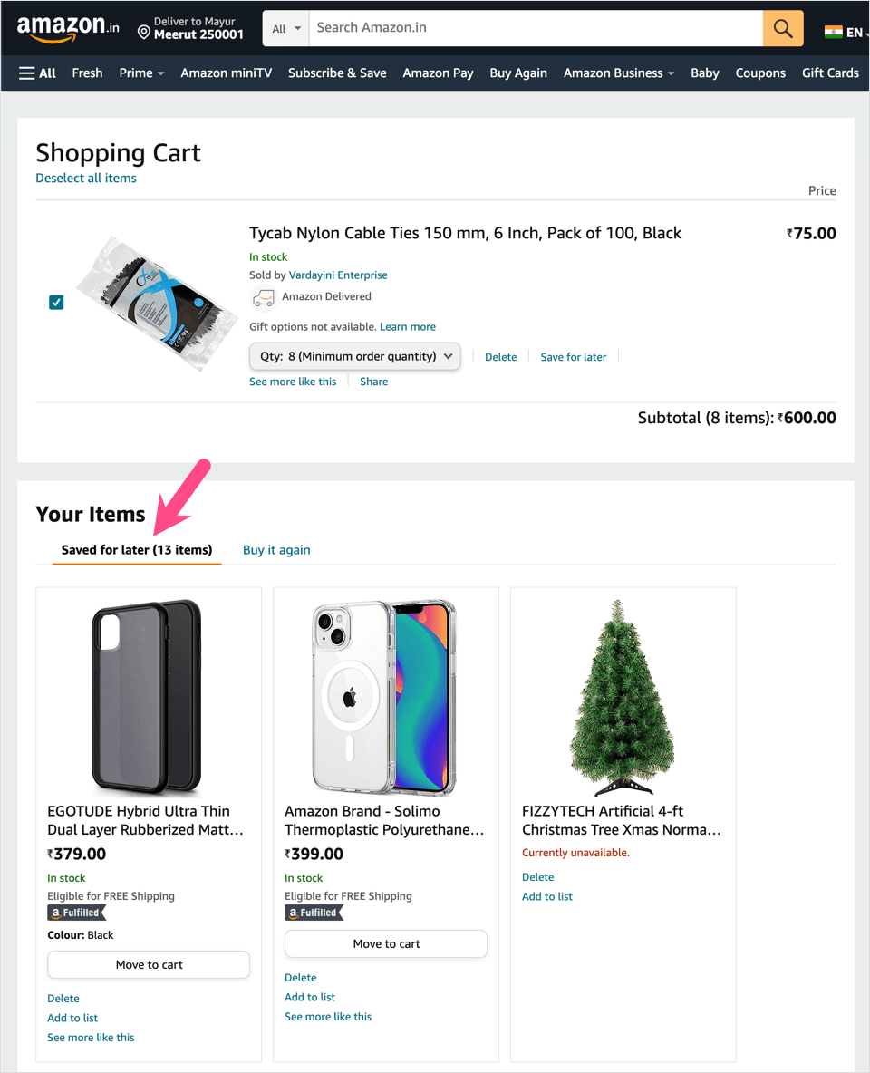 how to find saved for later items on amazon