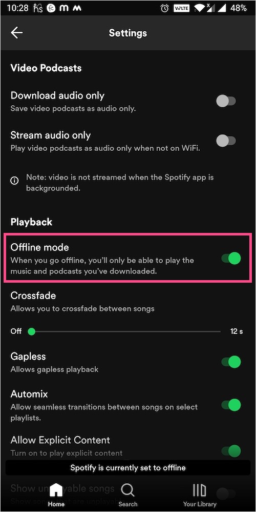 how to turn off offline mode on spotify app for android