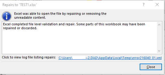 Excel repaired by Open and Repair