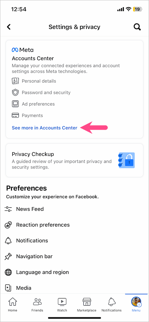 where is accounts center in facebook app