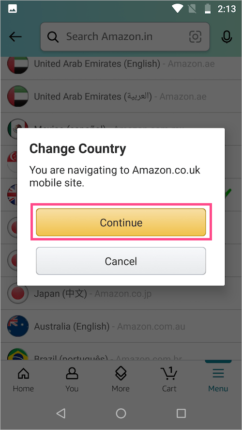 how to change your country on amazon app for android