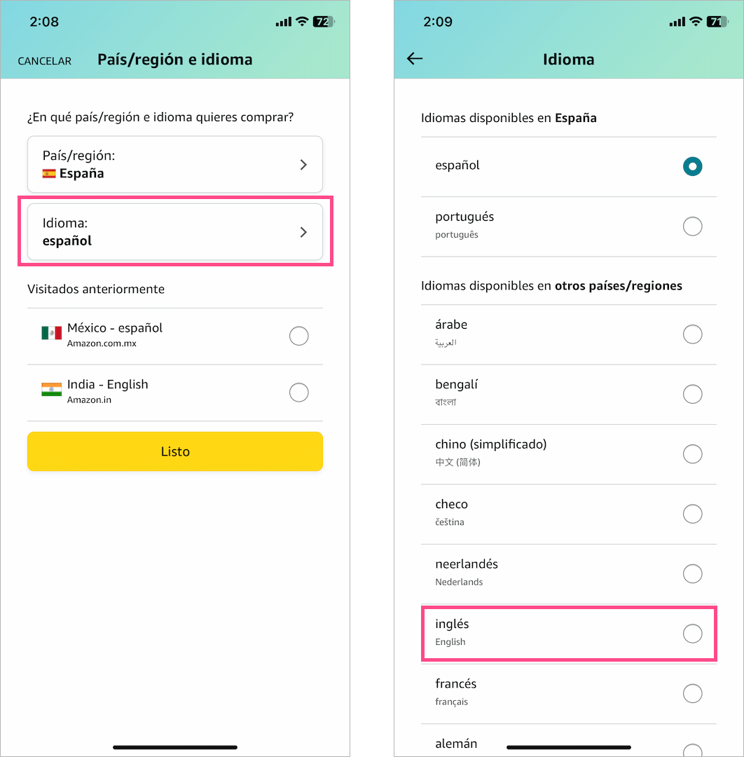 how to change language on amazon app from spanish to english on iphone