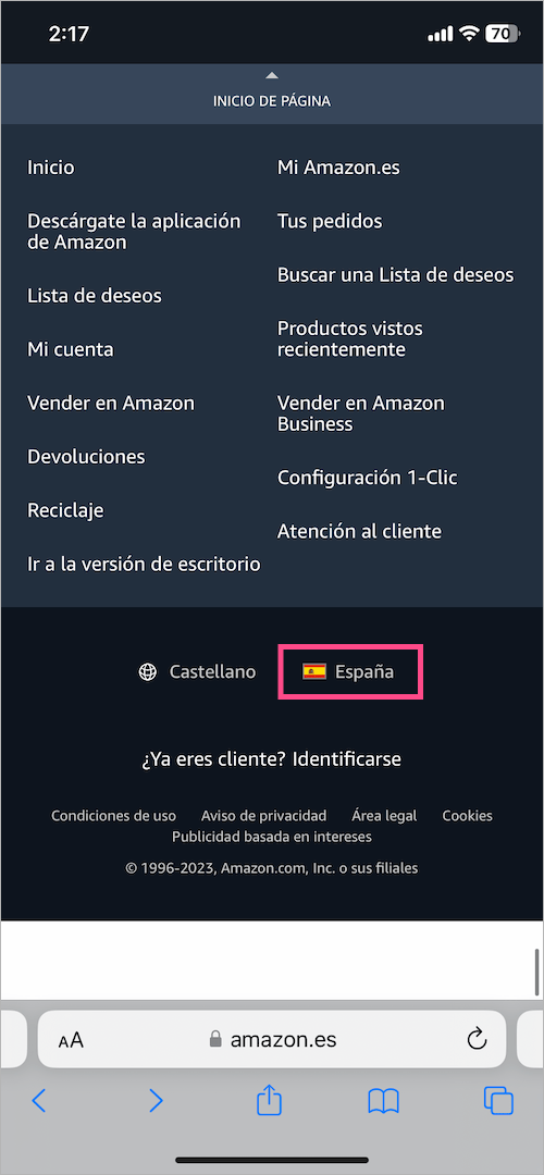 how to change the language on Amazon back to english from spanish