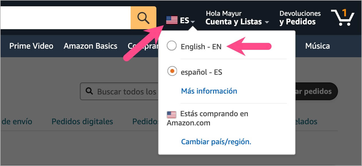 how to get amazon website back to english
