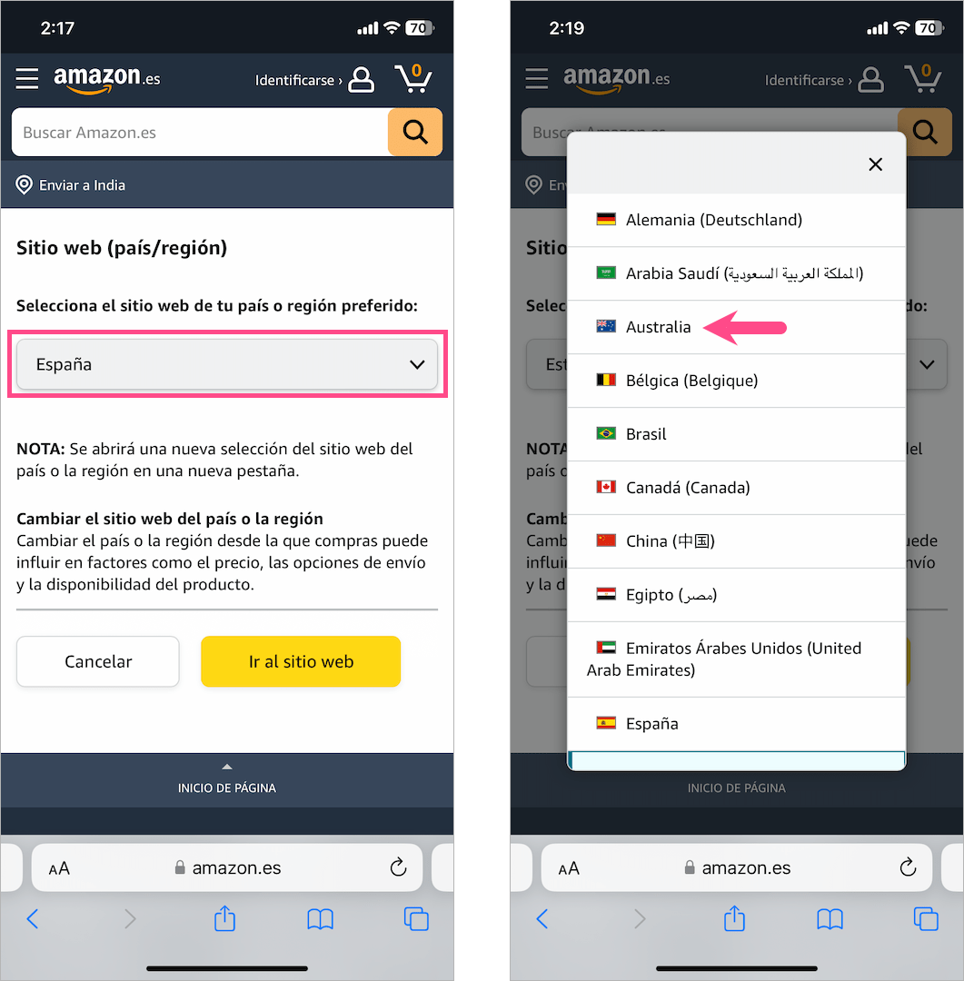 how to switch amazon from spanish to english on mobile