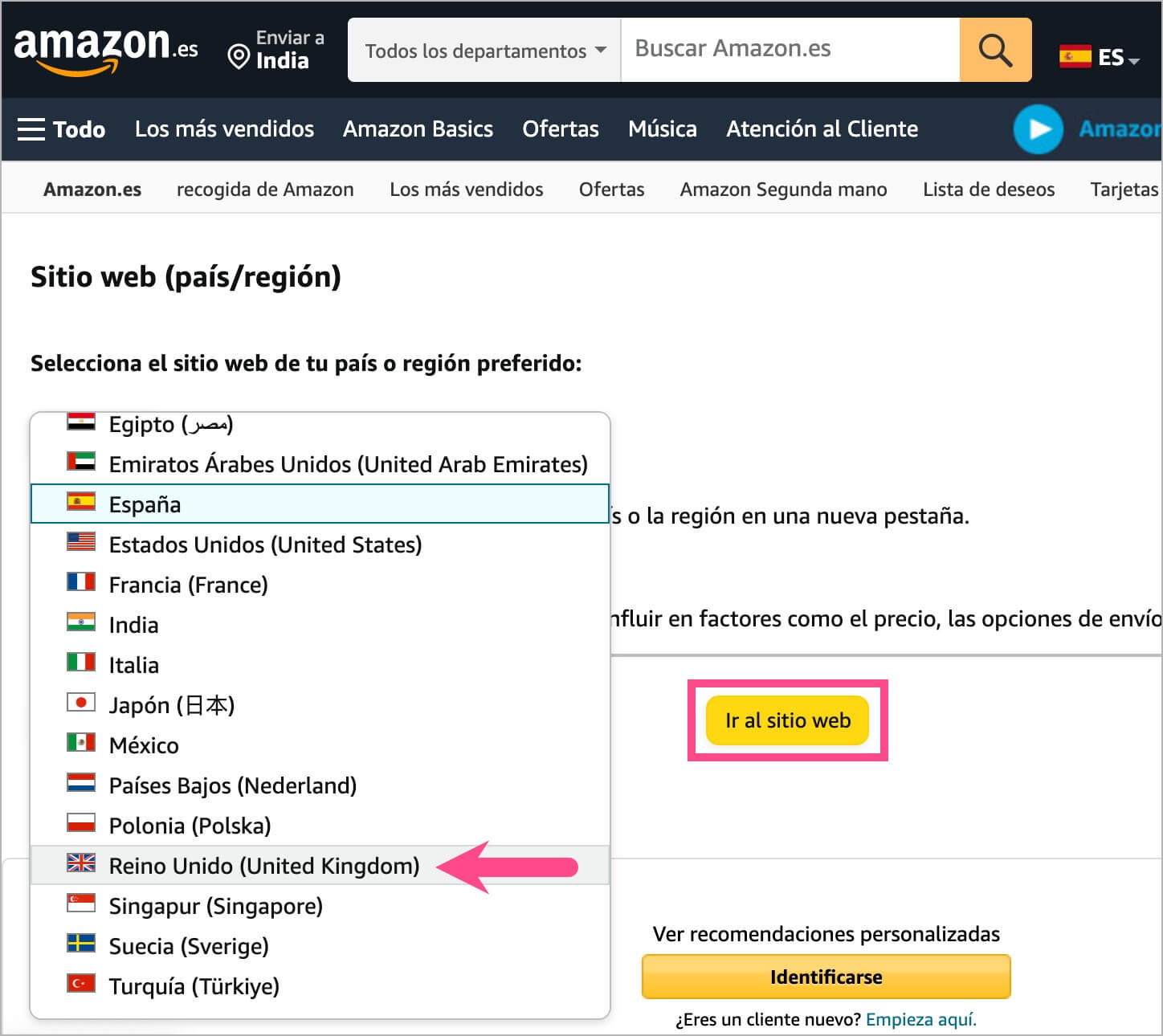 how to switch from spanish to english language on amazon website