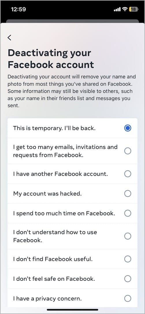 How to temporarily deactivate Facebook on meta