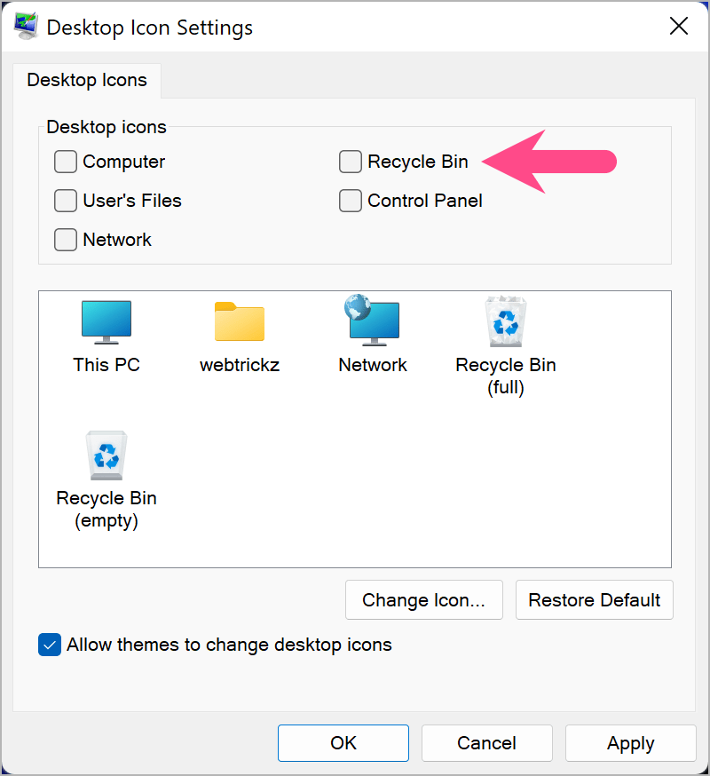 how to remove recycle bin from desktop without activating windows
