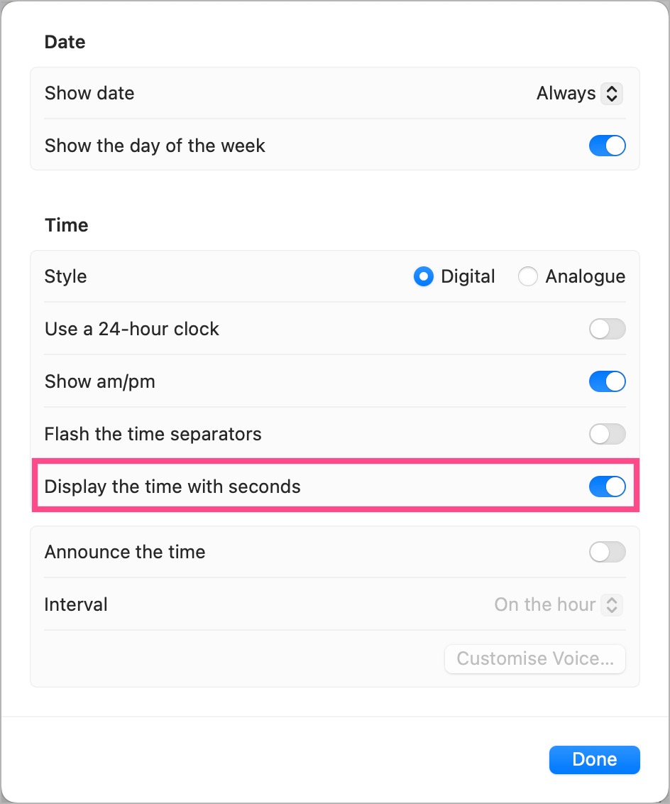 how to show seconds on mac clock ventura
