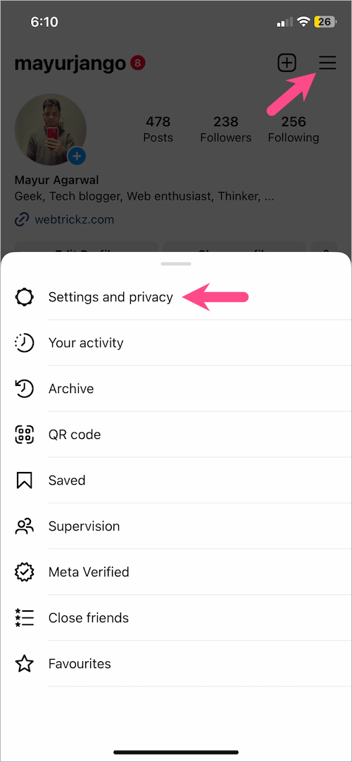settings on instagram app for iphone