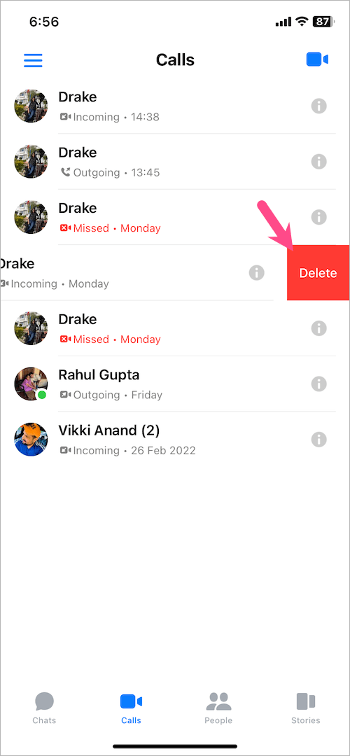 how to delete video call history in messenger on iphone