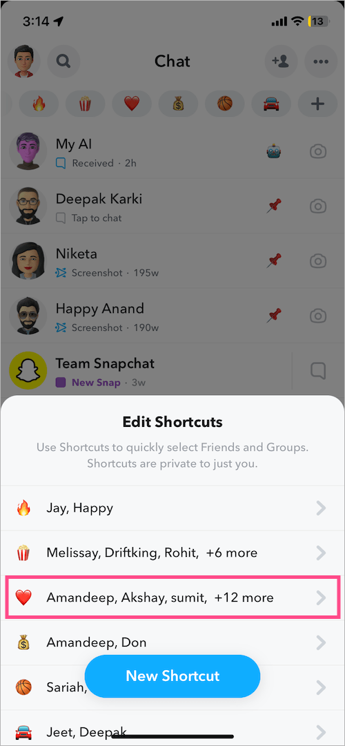how to add someone to a shortcut on snapchat