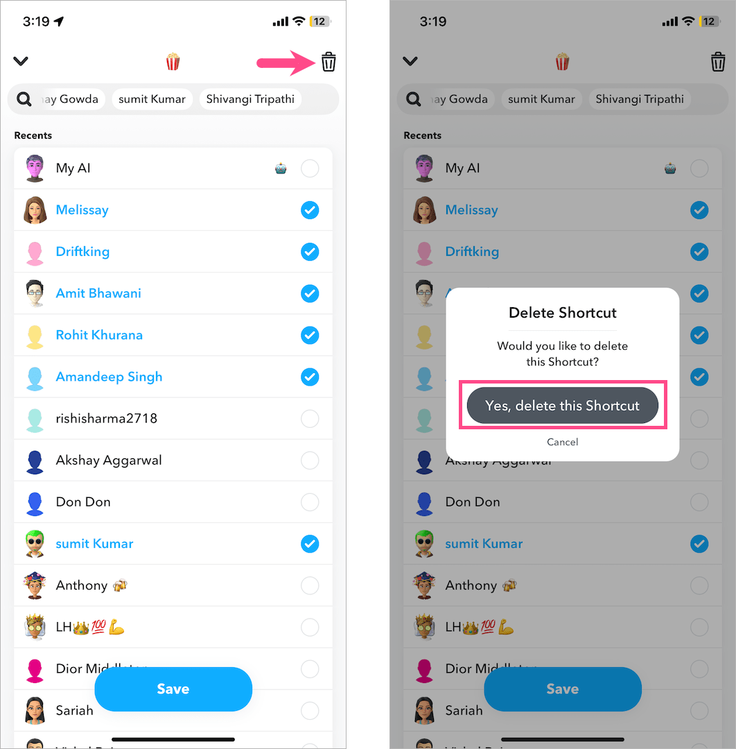 how to delete a shortcut in snapchat on iphone