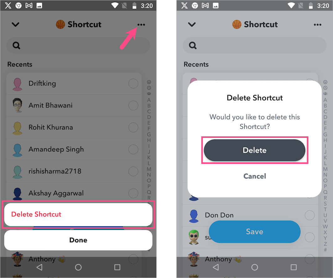 how to delete a shortcut on snapchat on android