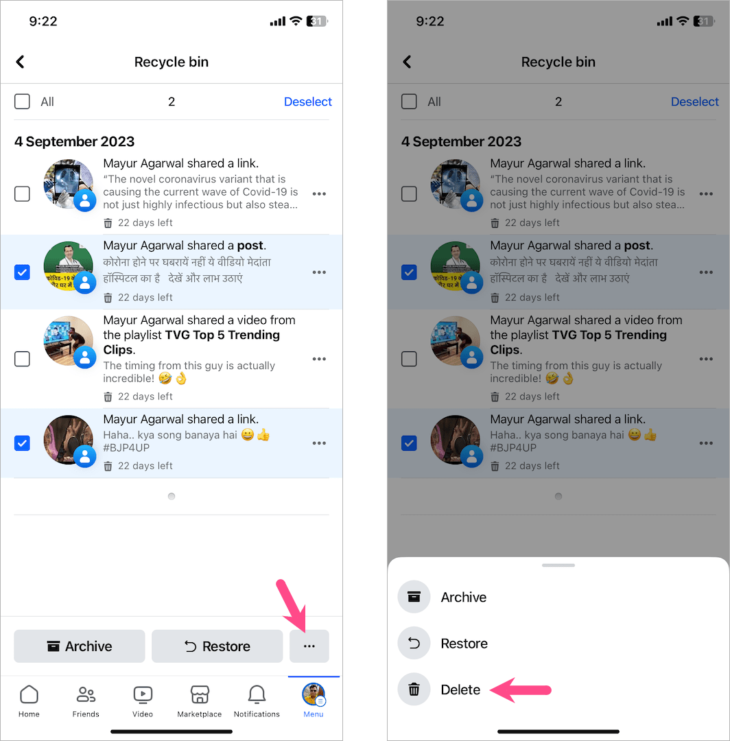 how to permanently delete a trash post on facebook app