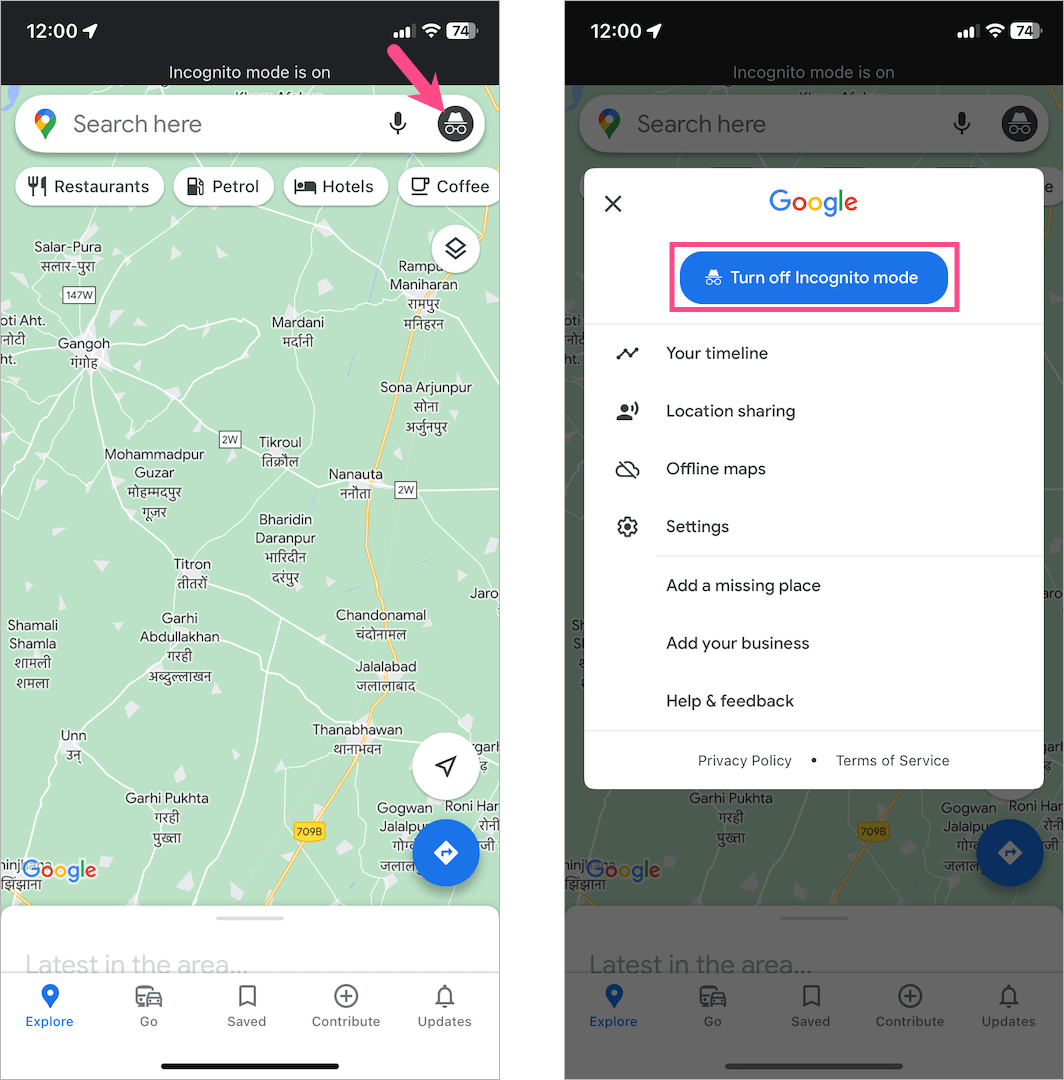 how to exit incognito mode in google maps on iphone