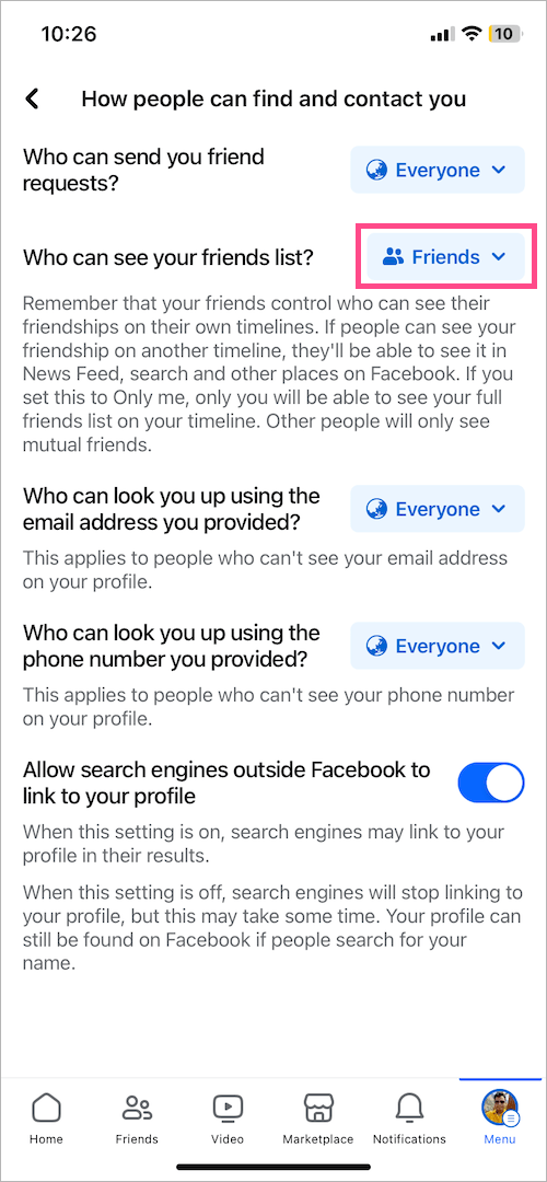how to hide friends list on facebook app
