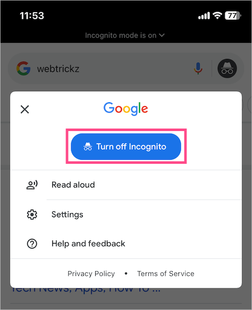 how to get rid of incognito mode in google app on iphone